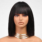 abordables Perruques sans bonnet-mettre en évidence la perruque bob avec une frange courte droite cheveux humains pleine machine faite cheveux bob perruques ombre aucune perruque avant de lacet pour les femmes noires 12 pouces