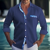 cheap Vacation-Men&#039;s Shirt Linen Shirt Summer Shirt Beach Wear Button Up Shirt Leaf Vacation Casual White Blue Dark Blue Long Sleeve Lapel Spring &amp; Summer Clothing Apparel Patchwork