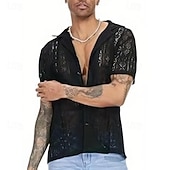 cheap Men's Button Up Shirts-Men's Summer Shirt Casual Shirt Button Up Shirt Black White Short Sleeve Plain Argyle Camp Collar Vacation Holiday Lace Clothing Apparel Polyester Fashion Casual Comfortable