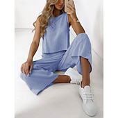 abordables Conjuntos-Pijamas de mujer, conjuntos de dos piezas para estar en casa, informales, de algodón y lino, de color puro, para estar en casa, sin mangas, cuello redondo, en negro, blanco, marrón, caqui, gris claro, para verano y primavera.