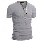 baratos Camiseta Henley Casual-Homens Camiseta Botão Camiseta Camisa Henley Camisetas Manga Curta Decote V Primavera Verão Tecido Moda Designer Básico Férias Rua Para Noite Preto Branco Azul Marinho Top Tee para Homens