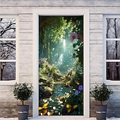 billige Dørdeksler-skog tåkete hule dørdeksler veggmaleri dekor dør billedvev dør gardin dekorasjon bakteppe dør banner avtakbar for inngangsdør innendørs utendørs hjemme rom dekorasjon gårdshus dekor forsyninger