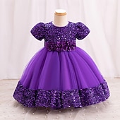 preiswerte Partykleider-Kleinkind Mädchen Partykleid Einfarbig Kurzarm Leistung Party Pailletten Niedlich Prinzessin Polyester Knielang Partykleid Sommer Frühling 3-7 Jahre Mehrfarbig Champagner Rosa
