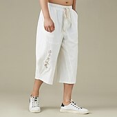 cheap Home-Men&#039;s Linen Pants Summer Pants Beach Pants Pocket Drawstring Elastic Waist Embroidery Comfort Breathable Calf-Length Vacation Daily Holiday Hawaiian Boho Black White