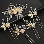 Недорогие Аксессуары для укладки волос-5 шт., шпилька с золотым листом, цветок, жемчуг, свадебные вилки для волос, головные уборы, винтажные свадебные женские элегантные украшения, аксессуары для волос