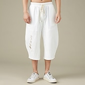cheap Home-Men&#039;s Linen Pants Summer Pants Beach Pants Pocket Drawstring Elastic Waist Embroidery Comfort Breathable Calf-Length Vacation Daily Holiday Hawaiian Boho Black White