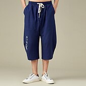 cheap Home-Men&#039;s Linen Pants Summer Pants Beach Pants Pocket Drawstring Elastic Waist Embroidery Comfort Breathable Calf-Length Vacation Daily Holiday Hawaiian Boho Black White