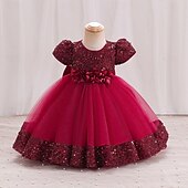 preiswerte Partykleider-Kleinkind Mädchen Partykleid Einfarbig Kurzarm Leistung Party Pailletten Niedlich Prinzessin Polyester Knielang Partykleid Sommer Frühling 3-7 Jahre Mehrfarbig Champagner Rosa