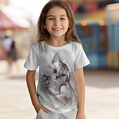 cheap Girl&#039;s 3D Animals-Girls&#039; 3D Cat Tee Shirts Short Sleeve 3D Print Summer Active Fashion Cute Polyester Kids 3-12 Years Crew Neck Outdoor Casual Daily Regular Fit
