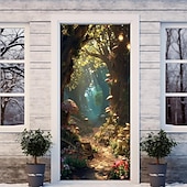 billige Dørdeksler-skog tåkete hule dørdeksler veggmaleri dekor dør billedvev dør gardin dekorasjon bakteppe dør banner avtakbar for inngangsdør innendørs utendørs hjemme rom dekorasjon gårdshus dekor forsyninger