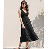 preiswerte Einfaches Kleid-Damen-Kleider mit V-Ausschnitt, ärmellos, leger, schwingend, lang