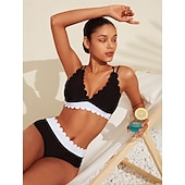 economico Costumi da bagno di stilisti-Set bikini a triangolo con palangari e bordo a petalo in bianco e nero