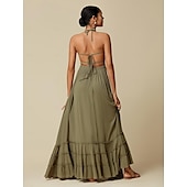olcso Vakációs ruhák-női üdülőhely maxi ruha smocked derék kék elegáns kötőfék nyak Cami maxi ruha strand takaró
