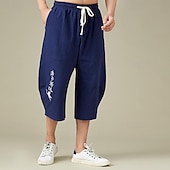 cheap Home-Men&#039;s Linen Pants Summer Pants Beach Pants Pocket Drawstring Elastic Waist Embroidery Comfort Breathable Calf-Length Vacation Daily Holiday Hawaiian Boho Black White