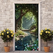 billige Dørdeksler-skog tåkete hule dørdeksler veggmaleri dekor dør billedvev dør gardin dekorasjon bakteppe dør banner avtakbar for inngangsdør innendørs utendørs hjemme rom dekorasjon gårdshus dekor forsyninger