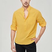 cheap Business Casual-Men&#039;s Shirt Linen Shirt Chinese Collar Shirt Mandarin Collar Shirt Summer Shirt Beach Shirt Plain Vacation Street Black White Yellow Pink Long Sleeve Band Collar Summer Clothing Apparel Front Pocket