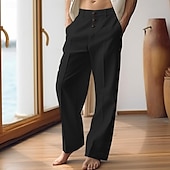 levne luxusní plátěné kalhoty-40% len Pánské Plátěné kalhoty Kalhoty Letní kalhoty Knoflíky Kapsy Straight-Leg Bez vzoru Prodyšné Pohodlné Dovolená kancelář a kariéra Denní Klasické Na běžné nošení Černá Bílá