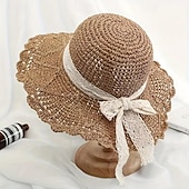cheap Straw Hat-1 pcs Summer Handmade Crochet Lace Straw Hat For Women With Wide Brim Foldable Beach Hat