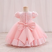preiswerte Partykleider-Kleinkind Mädchen Partykleid Einfarbig Kurzarm Leistung Party Pailletten Niedlich Prinzessin Polyester Knielang Partykleid Sommer Frühling 3-7 Jahre Mehrfarbig Champagner Rosa