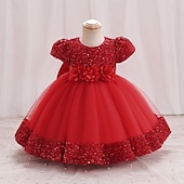 preiswerte Partykleider-Kleinkind Mädchen Partykleid Einfarbig Kurzarm Leistung Party Pailletten Niedlich Prinzessin Polyester Knielang Partykleid Sommer Frühling 3-7 Jahre Mehrfarbig Champagner Rosa