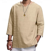 cheap Men&#039;s Casual Shirts-Men&#039;s Shirt Summer Shirt Casual Shirt Beach Shirt Black Navy Blue khaki Beige Light Blue Long Sleeve Plain V Neck Holiday Vacation Clothing Apparel Fashion Casual Comfortable