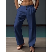 cheap Luxury Linen Pants-40% Linen Men's Linen Pants Trousers Summer Pants Pocket Buttons Straight Leg Plain Comfortable Breathable Vacation Office / Career Daily Classic Casual Black White