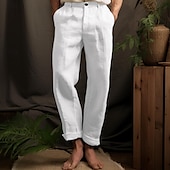cheap Luxury Linen Pants-40% Linen Men&#039;s Linen Pants Trousers Summer Pants Pocket Straight Leg Plain Breathable Comfortable Office / Career Daily Vacation Classic Casual Black White