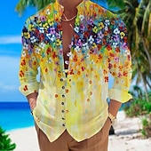 abordables Motif de plantes-Homme Floral Chemise Chemise Lin Chemise boutonnée manche longue Décontractées Usage quotidien Sortie Fin de semaine Printemps Col Mao Imprimer Bouton bas Blanc 1 Jaune Violet Rose rouge Blanc 2