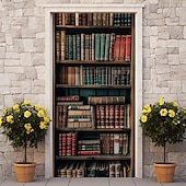 billige Garasje- og dørbanner-vintage bokhylle dørdeksler veggmaleri dekor dør billedvev dør gardin dekorasjon bakteppe dør banner avtakbar for inngangsdør innendørs utendørs hjemme rom dekorasjon gårdshus dekor forsyninger