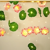 baratos Luzes solares de corda-Luzes de corda de flor de lótus artificial solar 2m 20leds 5m 50leds ao ar livre à prova d&#039;água luzes noturnas led para piscina lâmpada de lótus fonte de lago de jardim decoração de festa de natal