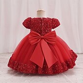 preiswerte Partykleider-Kleinkind Mädchen Partykleid Einfarbig Kurzarm Leistung Party Pailletten Niedlich Prinzessin Polyester Knielang Partykleid Sommer Frühling 3-7 Jahre Mehrfarbig Champagner Rosa