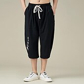 cheap Home-Men&#039;s Linen Pants Summer Pants Beach Pants Pocket Drawstring Elastic Waist Embroidery Comfort Breathable Calf-Length Vacation Daily Holiday Hawaiian Boho Black White