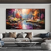 cheap Landscape Paintings-Handmade Original Original river scenery Oil Painting On Canvas Wall golden forest Art Painting for Home Decor With Stretched Frame/Without Inner Frame Painting