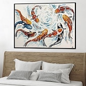 cheap Abstract Paintings-Handmade Hand Painted Oil Painting Wall Modern Abstract Large Koi Fish Abstract Painting Original Koi Fish Art Feng Shui Painting FISH POND No Frame Unstretched