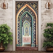 tanie Okładki drzwi-ramadan kareem meczet pokrowce na drzwi wystrój muralu drzwi gobelin zasłona drzwi dekoracja tło drzwi banner zdejmowany na frontowe drzwi kryty na zewnątrz domu dekoracja pokoju dom wystrój dostaw