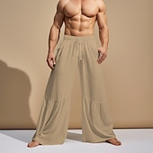 cheap Classic-Men&#039;s Culottes Wide Leg Linen Pants Trousers Summer Pants Patchwork Drawstring Elastic Waist Plain Comfort Breathable Casual Daily Holiday Fashion Classic Style Black White