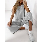 abordables Conjuntos-Pijamas de mujer, conjuntos de dos piezas para estar en casa, informales, de algodón y lino, de color puro, para estar en casa, sin mangas, cuello redondo, en negro, blanco, marrón, caqui, gris claro, para verano y primavera.