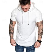 Men's T Shirt Tee Short Sleeve Shirt Tee Top Short Sleeve Hooded Spring & Summer Plain Slim Pleated Fashion Designer Basic Vacation Street Going out Black White Khaki Top Tee for Men 18