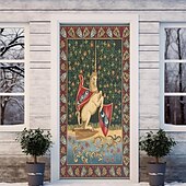 billige Dørdeksler-middelalderske enhjørning dørdeksler veggmaleri dekor dør billedvev dør gardin dekorasjon bakteppe dør banner avtakbar for inngangsdør innendørs utendørs hjemme rom dekorasjon gårdshus dekor