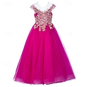 preiswerte Partykleider-kinderkleidung Mädchen Party Kleid Feste Farbe Kurzarm Leistung Hochzeit Gitter Prinzessin Süß Gitter Mitte der Wade Etuikleid Tüll-Kleid Blumenmädchenkleid Sommer Frühling Herbst 2-12 Jahre Rosenrot