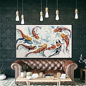 cheap Abstract Paintings-Handmade Hand Painted Oil Painting Wall Modern Abstract Large Koi Fish Abstract Painting Original Koi Fish Art Feng Shui Painting FISH POND No Frame Unstretched