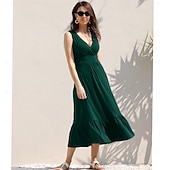 preiswerte Einfaches Kleid-Damen-Kleider mit V-Ausschnitt, ärmellos, leger, schwingend, lang