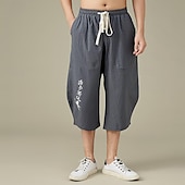 cheap Home-Men&#039;s Linen Pants Summer Pants Beach Pants Pocket Drawstring Elastic Waist Embroidery Comfort Breathable Calf-Length Vacation Daily Holiday Hawaiian Boho Black White