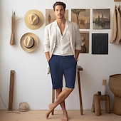 cheap Luxury Linen Pants-40% Linen Men&#039;s Shorts Linen Shorts Summer Shorts Button Up Pocket Plain Breathable Comfortable Short Daily Vacation Going out Classic Casual White Navy Blue