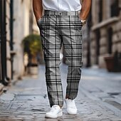 preiswerte Schlank-Karierte/karierte Business-Klassiker-Herren-Business-Anzughose mit 3D-Druck, flache Vorderseite, gerades Bein, Polyester-Hose mit mittlerer Taille, Outdoor-Streetwear für die Arbeit, Alltagskleidung,