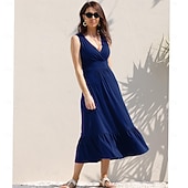 preiswerte Einfaches Kleid-Damen-Kleider mit V-Ausschnitt, ärmellos, leger, schwingend, lang