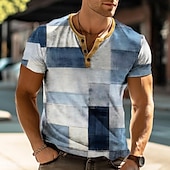 cheap Geometrical-Plaid Faux Patchwork Pattern Men&#039;s Casual 3D Print T shirt Tee Henley Shirt Waffle T Shirt Sports Outdoor Casual Daily T shirt Light Blue Blue Sky Blue Short Sleeve Henley Shirt Spring &amp; Summer