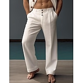 cheap Luxury Linen Pants-40% Linen Men's Linen Pants Trousers Summer Pants Pocket Buttons Straight Leg Plain Comfortable Breathable Vacation Office / Career Daily Classic Casual Black White