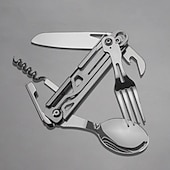 economico Cucina da campeggio-Set di posate multifunzione 5 in 1 in acciaio inossidabile 420 posate portatili da esterno con cucchiaio, coltello, forchetta, lattina staccabili &amp; apri bottiglia