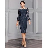 voordelige Jurkensets voor mama-Twee Delige Sheath Moeder van de Bruid Jurk Formele Bruiloft Gast Elegante Feest Off Shoulder Knie Lengte Chiffon Kant Imiteerde Zijde 3/4 Lengte Mouw met Strik(ken) 2025 gratis op maat
